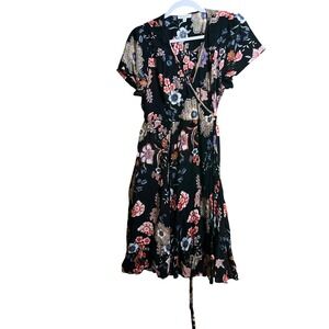 Patrons of Peace Floral Wrap Dress Black Short Sleeve Ruffle Hem Mini Boho M